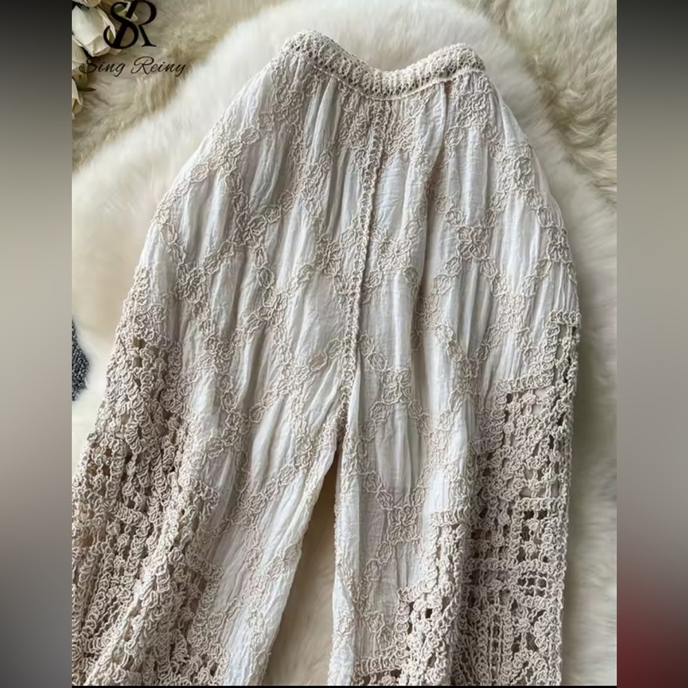 Crochet Lace floral Pants boho chic cream beige wide leg flowy embroidered - Picture 3 of 5